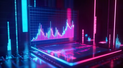 Poster - Futuristic finance concept with a 3D holographic stock market chart floating above a tablet, neon blue glow, tech-inspired lighting, dramatic depth 