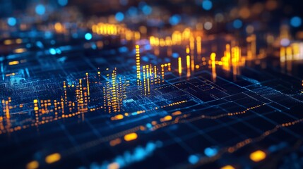 Poster - High-angle shot of a glowing investment portfolio dashboard with rising stock trends, sleek modern interface, deep blue and gold tones, sharp focus