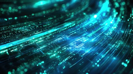 Poster - A mesmerizing cyber-inspired background featuring glowing blue and green light waves and data connections.