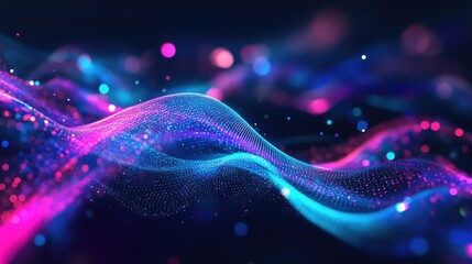 Poster - A mesmerizing fluid holographic shape in neon colors, forming a futuristic digital wave on a deep dark background.