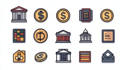 Poster - This comprehensive set of outline icons covers a wide range of topics related to coins  banking  financial services  and business The icons can be used in digital applications  websites