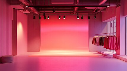 Poster - A minimalist pink studio with a glowing gradient backdrop, soft shadows, and a clean pedestal for product presentation.