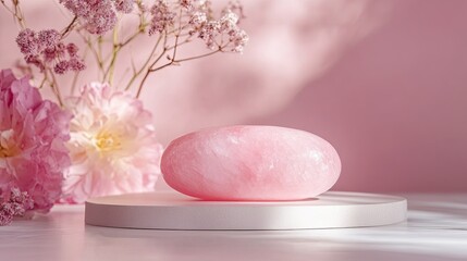 Poster - A minimalist pink studio with a glowing gradient backdrop, soft shadows, and a clean pedestal for product presentation.