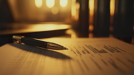 Poster - Macro shot of a financial document with a rising bar chart, sleek pen resting on paper, soft lighting, professional investment atmosphere 