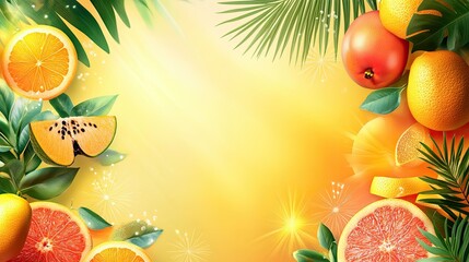 Aufkleber - A playful summer background with colorful tropical fruits, palm leaves, and sunshine, perfect for seasonal promotions.
