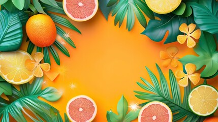 Aufkleber - A playful summer background with colorful tropical fruits, palm leaves, and sunshine, perfect for seasonal promotions.