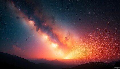 Wall Mural - A stunning night sky reveals an amazing celestial display over mountains