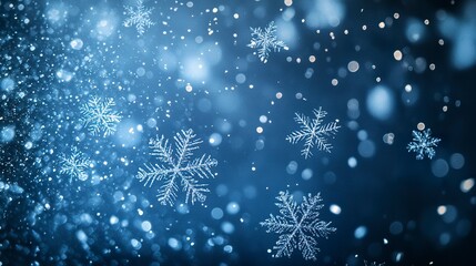 Poster - Rich navy blue winter backdrop with softly illuminated snowflakes, swirling icy mist and a dreamy holiday glow, smooth cinematic focus 