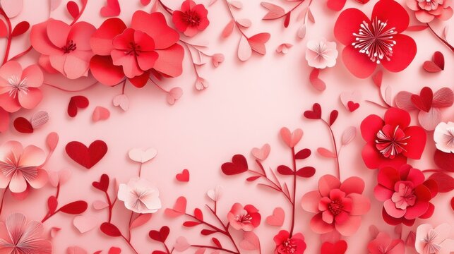 Elegant paper-cut red flowers and hearts arranged in a delicate pattern on a soft pink background.