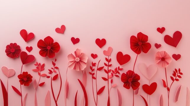 Elegant paper-cut red flowers and hearts arranged in a delicate pattern on a soft pink background.