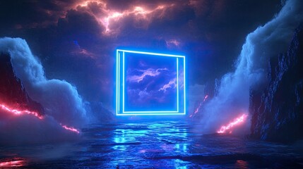 Poster - A sci-fi inspired terrain featuring electric blue neon lights, a luminous square, and dramatic storm clouds.