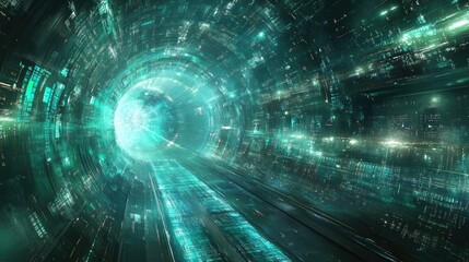 Poster - A sci-fi technology backdrop with flowing digital particles in green and blue, creating a futuristic energy field.