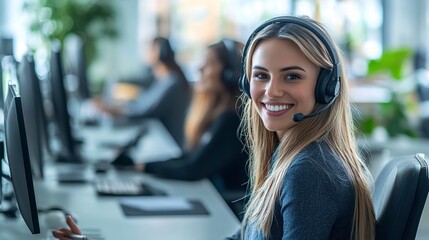 Poster - Smiling female customer service representative wearing a headset working in a modern call center with colleagues in the background.