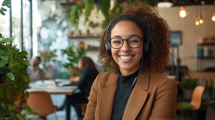 Poster - Smiling female customer service representative wearing a headset working in a modern call center with colleagues in the background. 