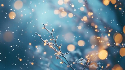 Poster - Soft blue winter background with delicate white snowflakes falling gently, glowing bokeh lights creating a festive holiday atmosphere