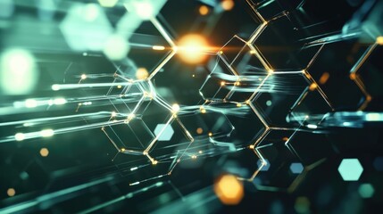 Poster - A sophisticated biotech concept with transparent hexagonal structures and soft digital light streaks.