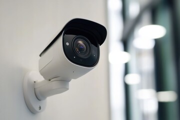 Poster - Video camera with motion detection mounted on a wall for security monitoring