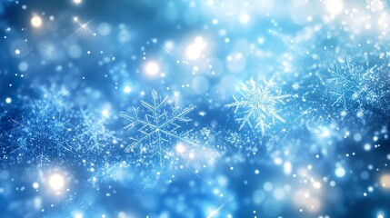 Poster - Vibrant icy blue Christmas background with high-detail snowflakes, sparkling frost textures and glowing festive light flares, dynamic depth 
