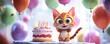 © seksun - High-resolution photography of a cartoon cat with a birthday cake and balloons