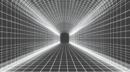 Poster - A visually striking retro-futuristic wireframe tunnel with glowing rectangular grid patterns stretching infinitely.