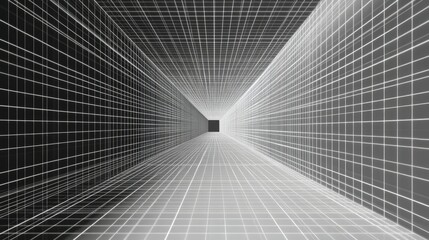 Poster - A visually striking retro-futuristic wireframe tunnel with glowing rectangular grid patterns stretching infinitely.