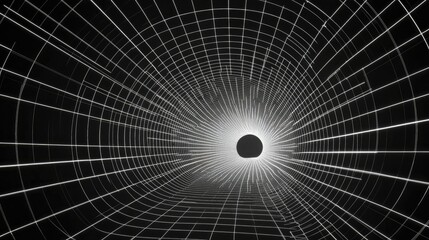 Poster - A visually striking retro-futuristic wireframe tunnel with glowing rectangular grid patterns stretching infinitely.