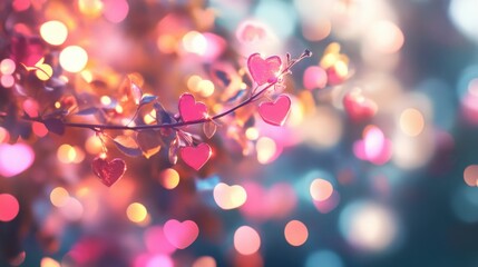 Poster - enchanting valentine bokeh with a cascade of glowing neon hearts and soft lens flares.