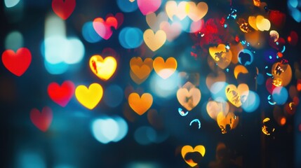 Poster - enchanting valentine bokeh with a cascade of glowing neon hearts and soft lens flares.