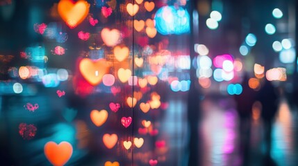 Poster - enchanting valentine bokeh with a cascade of glowing neon hearts and soft lens flares.