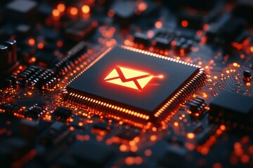 Poster - Graphic layout showcasing a computer chip with an email symbol glowing in orange hues