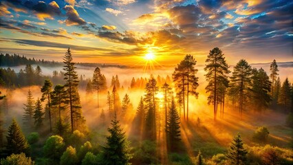 Wall Mural - Peaceful woodland scene: sun rising over serene woods, creating a breathtaking view.