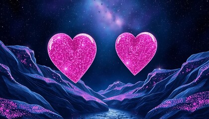 Wall Mural - Two shimmering hearts float above a starlit landscape scene