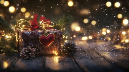 Fototapete - Festive holiday composition featuring a decorated present with a heart charm, pinecones, and twinkling golden lights.