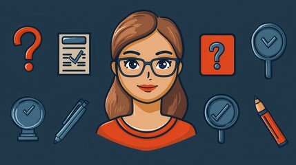 Poster - A clean and well organized set of 15 minimalist line icons representing various educational business and office related elements such as pencils rulers magnifiers checklists ticks and questions
