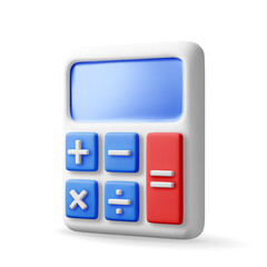 Poster - 3D modern calculator isolated on white. Render mathematics icon. Addition, subtraction, multiplication and division buttons. Arithmetic operations. Financial math device calculate. Vector illustration