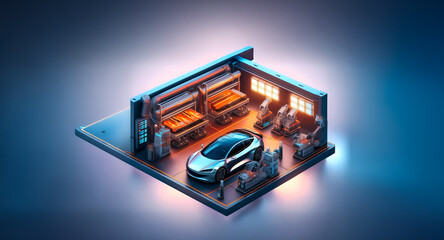 Poster - Isometric view of a car manufacturing factory with robotic arms and a modern car inside, showcasing automated vehicle production.