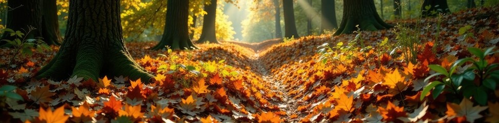 Wall Mural - Leafy forest floor with natural tree shadows overlay on fallen leaves texture abstract background, abstract, fall