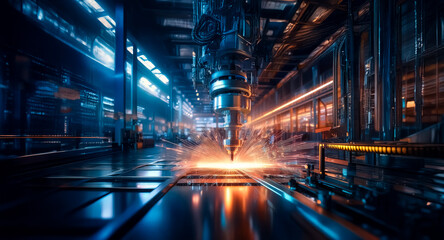 Poster - A futuristic factory interior showcases a robotic arm precisely welding metal, creating bright sparks in a modern industrial setting with blue and orange lights.