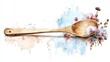 © ADD PHOTO - A beautifully hand carved wooden spoon resting on a delicate watercolor floral backdrop showcasing a serene and still life composition with a touch of natural elegance and minimalist design