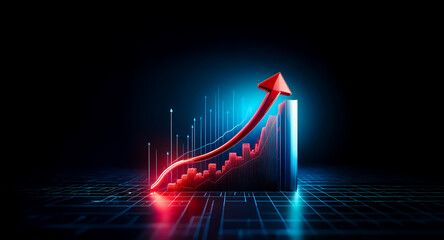 Fototapete - A vibrant red arrow ascends diagonally, representing growth on a graph.  Dynamic blue lines add depth to the dark background, symbolizing progress and positive trends in data.