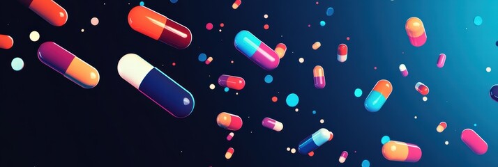 Poster - Vibrant abstract layout showcasing colorful capsules in motion with a dark background