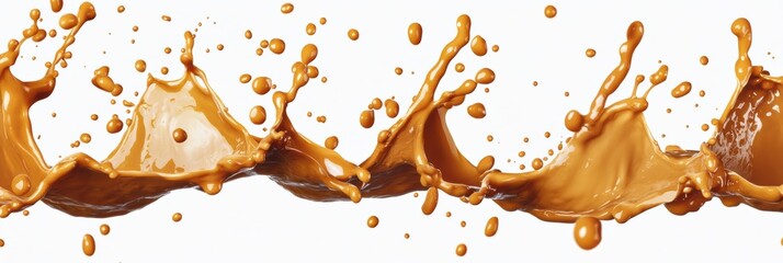 Poster - dynamic splashes of caramel-colored liquid creating an artistic pattern on a white background
