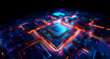 Fototapete - Neon lights illuminate an abstract, futuristic cityscape. Vibrant blue and orange hues glow, suggesting a high-tech digital circuit board or urban grid.