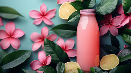 Aufkleber - Elegant bottle of water surrounded by colorful flowers on a soft pastel background for a chic beverage flat lay
