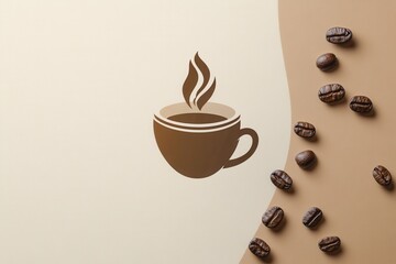 Poster - Elegant minimalist coffee cup design featuring steam and coffee beans on warm beige background