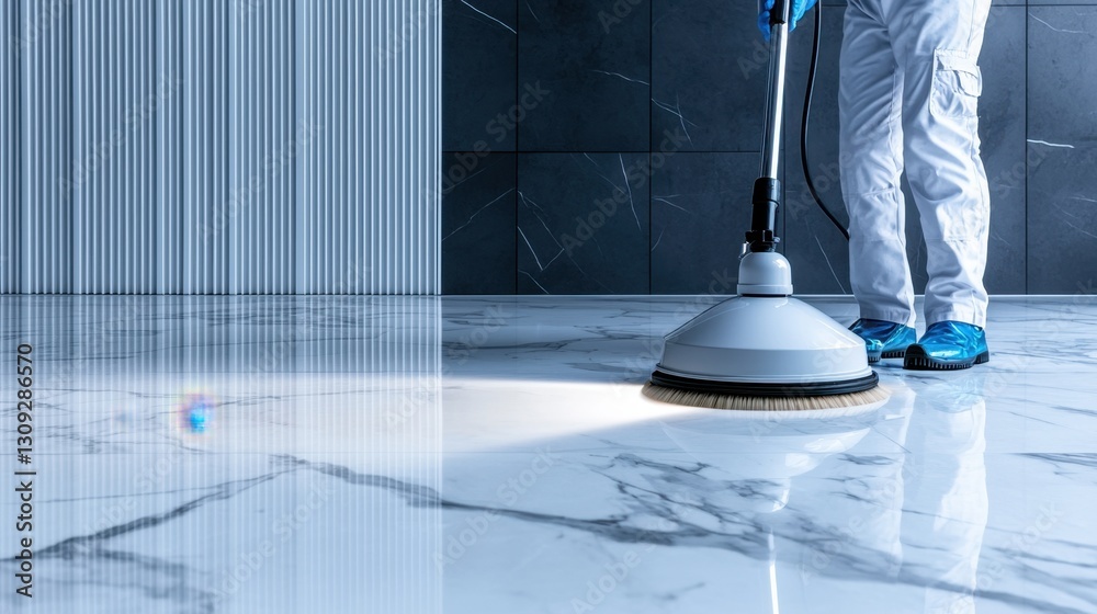 Professional cleaner maneuvering a high-speed polisher over a marble ...