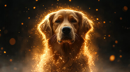 Poster - Enigmatic dog with a glowing face symbolizing the intersection of luxury pet food and metaverse branding concepts