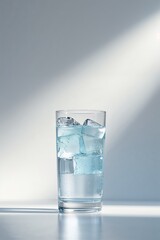 Poster - Refreshing glass of cold water with ice cubes illuminated by soft light indoors during daylight hours