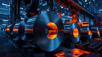 Poster - Shiny aluminum coils in a metal processing plant, reflecting bright overhead lights.