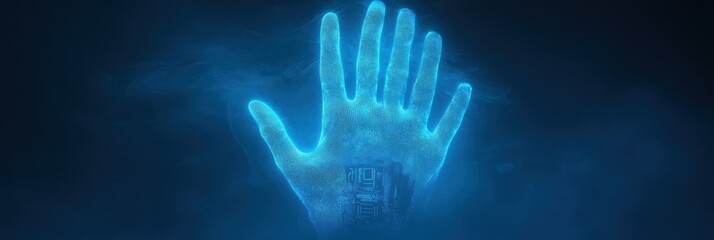 Poster - Silhouette of a hand with biometric scanners glowing in digital blue light against a dark background